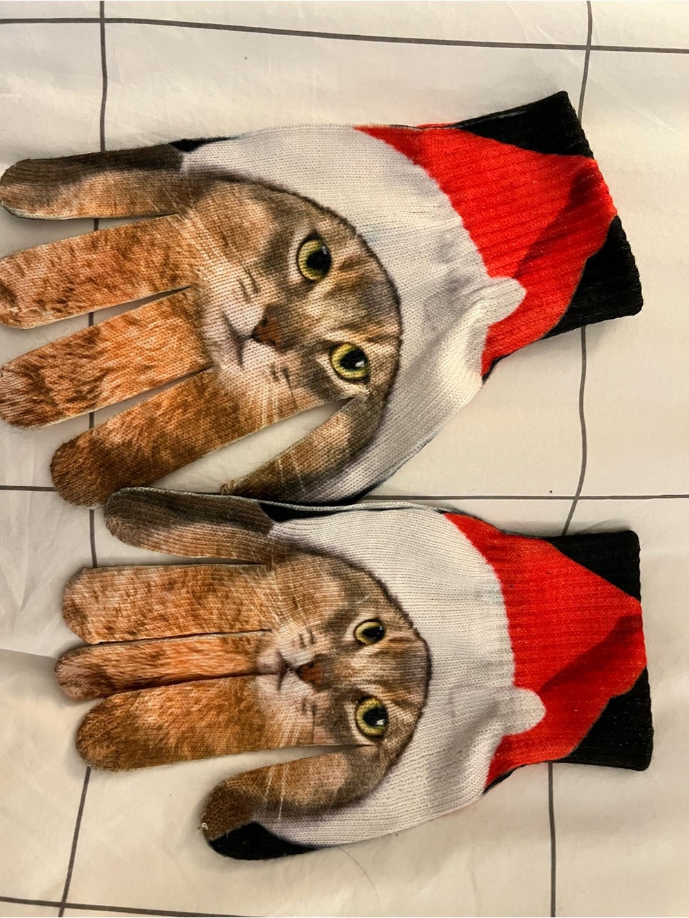 Cat Print Holiday Gloves in Red and White
